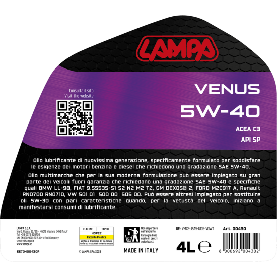 Lampa - Λάδι Κινητήρα Αυτοκινήτου Venus 5W-40 4 Lt. - 1 τεμ. (L0043.0)-Lampa-L0043.0