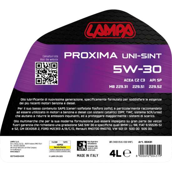 Lampa - Λάδι Κινητήρα Αυτοκινήτου Proxima Uni-Sint 5W-30 4 Lt. - 1 τεμ. (L0043.1)-Lampa-L0043.1