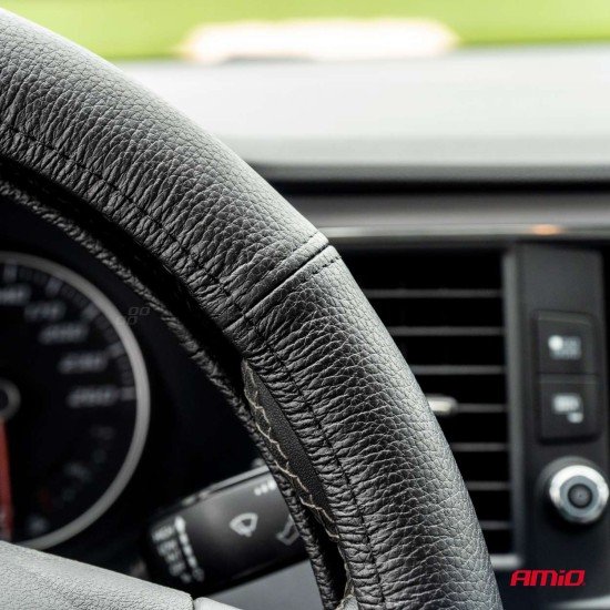 Amio - Κάλυμμα Τιμονιού Δερμάτινο διαμέτρου 35/37cm σε μαύρο χρώμα για Επιβατικά Αυτοκίνητα - 1 τεμ. (01764/AM)-Amio-01764/AM