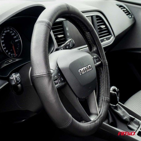 Amio - Κάλυμμα Τιμονιού Δερμάτινο διαμέτρου 39/41cm σε μαύρο χρώμα για Επιβατικά Αυτοκίνητα και Van - 1 τεμ. (01767/AM)-Amio-01767/AM