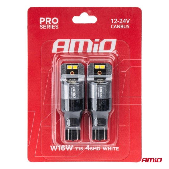 ΛΑΜΠΑΚΙΑ T15 W16W 12/24V 6.000K 4xSMD LED CAN-BUS ΛΕΥΚΟ 2016 PRO SERIES AMIO - 2 Τεμ.-Amio-03578/AM