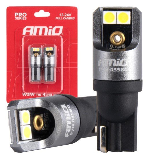 ΛΑΜΠΑΚΙΑ T10 W5W 12/24V 6.000K 4xSMD LED FULL CAN-BUS ΛΕΥΚΟ 3030 PRO SERIES AMIO - 2 Τεμ.-Amio-03580/AM