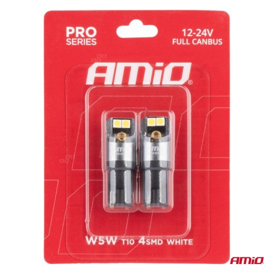 ΛΑΜΠΑΚΙΑ T10 W5W 12/24V 6.000K 4xSMD LED FULL CAN-BUS ΛΕΥΚΟ 3030 PRO SERIES AMIO - 2 Τεμ.-Amio-03580/AM