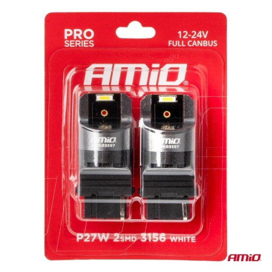ΛΑΜΠΑΚΙΑ P27W 12/24V 6.000K 2SMD LED FULL CAN-BUS ΛΕΥΚΟ PRO SERIES AMIO - 2 Τεμ.-Amio-03597/AM
