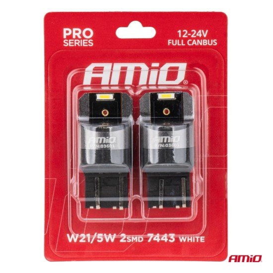ΛΑΜΠΑΚΙΑ W21/5W 7443 12/24V 6.000K 2xSMD LED FULL CAN-BUS ΛΕΥΚΟ PRO SERIES  AMIO - 2 Τεμ.-Amio-03601/AM