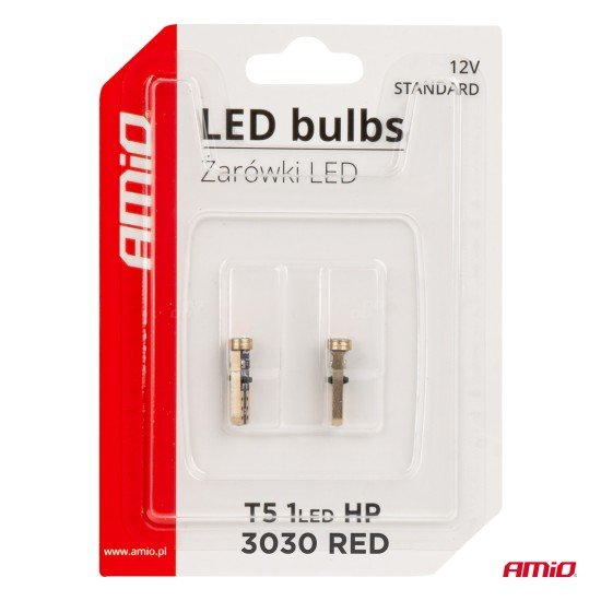 ΛΑΜΠΑΚΙΑ T5 W1W 12V 1SMD LED ΚΟΚΚΙΝΑ AMIO - 2 ΤΕΜ.-Amio-03727/AM