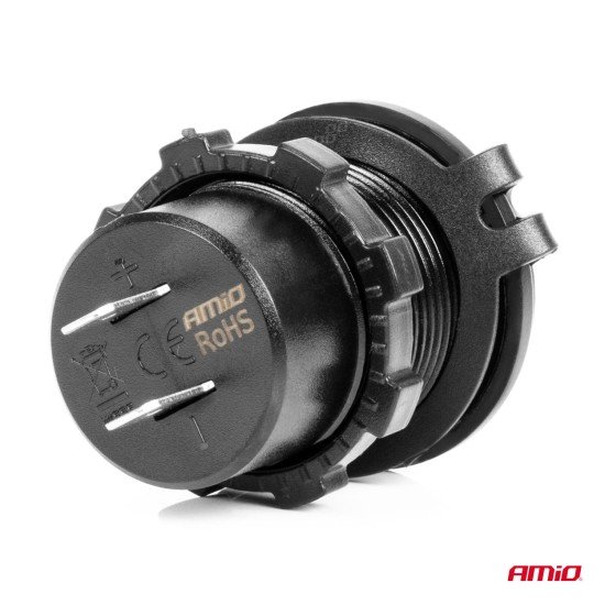 Amio - ΠΡΙΖΑ ΜΕ 2 ΘΥΡΕΣ USB ΚΑΙ ΚΑΠΑΚΙ 12/24V QUICK CHARGE 3.0 ΑΔΙΑΒΡΟΧΗ ΜΕ ΜΠΛΕ LED ΦΩΣ ΜΑΥΡΗ - 1 ΤΕΜ. (04218/AM)-Amio-04218/AM