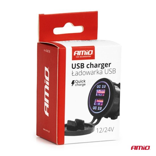 Amio - ΠΡΙΖΑ ΜΕ 2 ΘΥΡΕΣ USB ΚΑΙ ΚΑΠΑΚΙ 12/24V QUICK CHARGE 3.0 ΑΔΙΑΒΡΟΧΗ ΜΕ ΜΠΛΕ LED ΦΩΣ ΜΑΥΡΗ - 1 ΤΕΜ. (04218/AM)-Amio-04218/AM