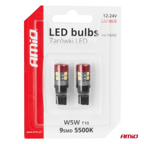 Amio - Λαμπάκια LED CAN Bus Αυτοκινήτου & Φορτηγού τύπου T10 W5W με τάση λειτουργίας 12V/24V 9xSMD 3030 με Λευκό Χρώμα Απόχρωσης 5.500k (Σε χρώμα Κόκκινο-Μαύρο) - 2 Τεμ. (04242/AM)-Amio-04242/AM