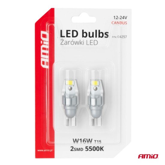 Amio - Λάμπα LED CANBUS T15 (W16W) 2SMD 3570 Λευκή 6000K 12V/24V για Φώτα Όπισθεν & Βοηθητικό Φωτισμό - 2τεμ. (04257/AM)-Amio-04257/AM