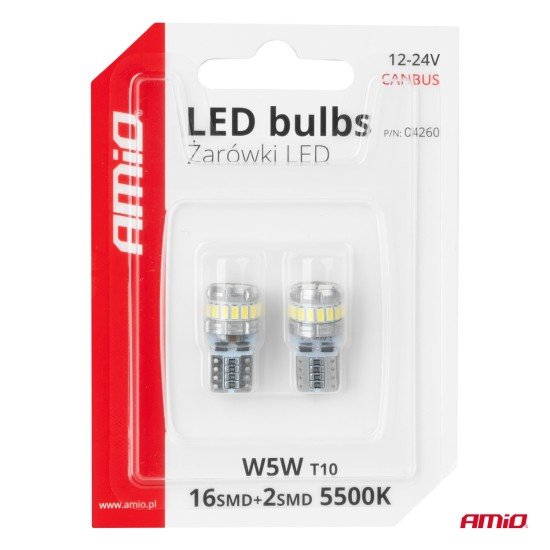 Amio - Λάμπα LED CANBUS T10 (W5W) 16SMD 3014 + 2SMD 3030 Λευκή 6000K 12V/24V για Φώτα Θέσης, Πινακίδας & Εσωτερικού - 2τεμ. (04260/AM)-Amio-04260/AM