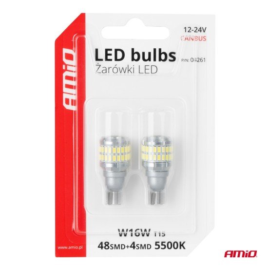 Amio - Λάμπα LED CANBUS T15 (W16W) 48SMD 3014 + 4SMD 3030 Λευκή 6000K 12V/24V για Φώτα Όπισθεν & Βοηθητικό Φωτισμό - 2τεμ. (04261/AM)-Amio-04261/AM