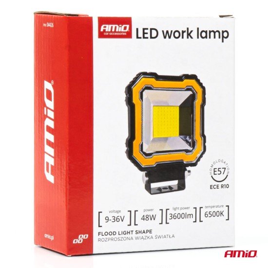 Amio - Προβολέας Εργασίας LED AWL82 FLOOD 48W 3600lm 6500K με σταθερή Κίτρινη LED μπάρα – 9–36V - 1 τεμ. (04426/AM)-Amio-04426/AM