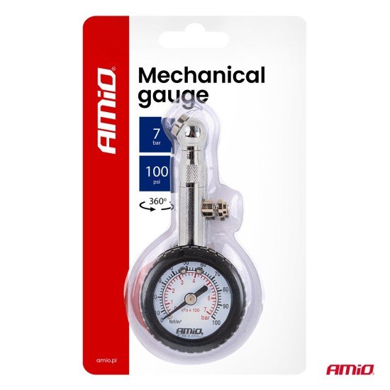 Amio - Μηχανικό μανόμετρο πίεσης ελαστικών 7 bar με περιστρεφόμενη κεφαλή και βαλβίδα εκτόνωσης – Αναλογικό υψηλής ακρίβειας - 1 τεμ. (04469/AM)-Amio-04469/AM