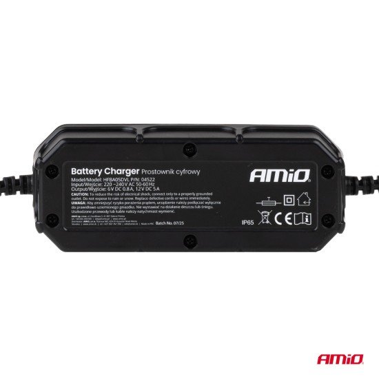 Amio - Φορτιστής Μπαταρίας Ψηφιακός DBC-5A SLA FLP τάση λειτουργίας 6/12V ένταση ρεύματος 5A για Επιβατικά Αυτοκίνητα και Μοτοσυκλέτες - 1 τεμ. (04522/AM)-Amio-04522/AM