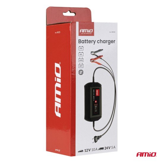 Amio - Φορτιστής Μπαταρίας Ψηφιακός DBC-10A WET AGM GEL τάση λειτουργίας 12/24V ένταση ρεύματος 10A για Επιβατικά Αυτοκίνητα και Φορτηγά - 1 τεμ. (04525/AM)-Amio-04525/AM