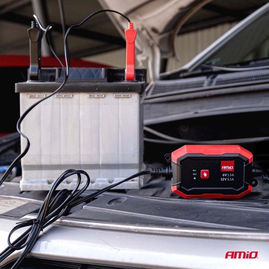 Amio - Φορτιστής Μπαταρίας Ψηφιακός AGM GEL LiFePo4 (LFP) τάση λειτουργίας 6/12V ένταση ρεύματος 1.5A για Επιβατικά Αυτοκίνητα και Μοτοσυκλέτες - 1 τεμ. (04526/AM)-Amio-04526/AM