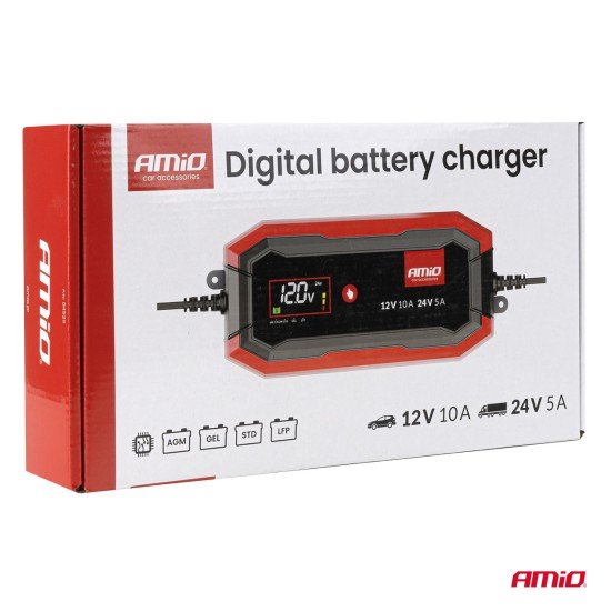 Amio - Φορτιστής Μπαταρίας Ψηφιακός PRO AGM GEL LiFePo4 (LFP) τάση λειτουργίας 12/24V ένταση ρεύματος 10A για Επιβατικά Αυτοκίνητα και Φορτηγά - 1 τεμ. (04228/AM)-Amio-04528/AM