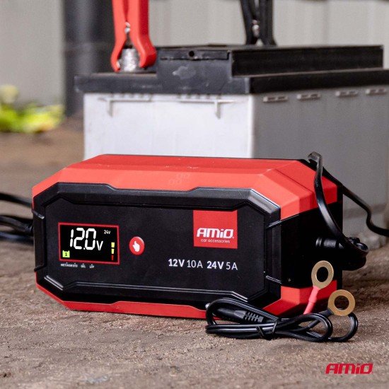 Amio - Φορτιστής Μπαταρίας Ψηφιακός PRO AGM GEL LiFePo4 (LFP) τάση λειτουργίας 12/24V ένταση ρεύματος 10A για Επιβατικά Αυτοκίνητα και Φορτηγά - 1 τεμ. (04228/AM)-Amio-04528/AM