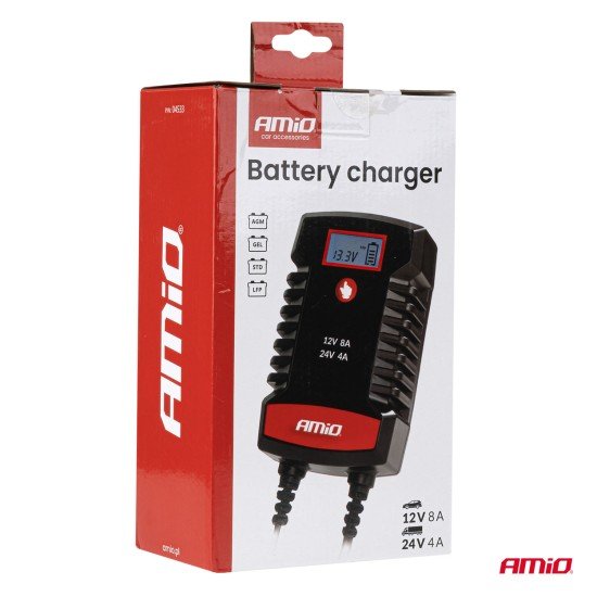 Amio - Φορτιστής Μπαταρίας Ψηφιακός PRO AGM GEL LiFePo4 (LFP) τάση λειτουργίας 12/24V ένταση ρεύματος 8A με γάντζο για Επιβατικά Αυτοκίνητα και Φορτηγά - 1 τεμ. (04533/AM)-Amio-04533/AM