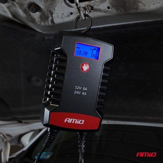 Amio - Φορτιστής Μπαταρίας Ψηφιακός PRO AGM GEL LiFePo4 (LFP) τάση λειτουργίας 12/24V ένταση ρεύματος 8A με γάντζο για Επιβατικά Αυτοκίνητα και Φορτηγά - 1 τεμ. (04533/AM)-Amio-04533/AM