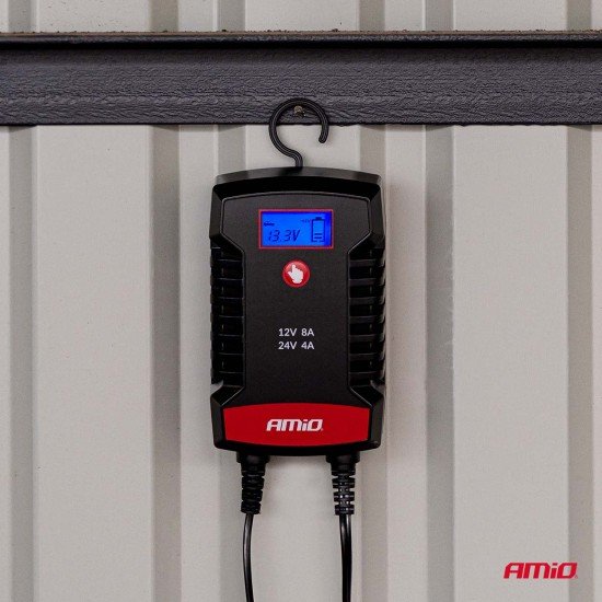 Amio - Φορτιστής Μπαταρίας Ψηφιακός PRO AGM GEL LiFePo4 (LFP) τάση λειτουργίας 12/24V ένταση ρεύματος 8A με γάντζο για Επιβατικά Αυτοκίνητα και Φορτηγά - 1 τεμ. (04533/AM)-Amio-04533/AM