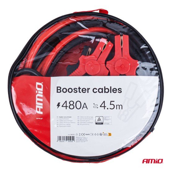 Amio - Καλώδια Φόρτισης Μπαταρίας (Ρευματοδότες) τάση λειτουργίας 12-24V ένταση ρεύματος 480A μήκος 4,5m με πιστοποίηση TUV για Επιβατικά Αυτοκίνητα και Φορτηγά - 1 σετ (04595/AM)-Amio-04595/AM