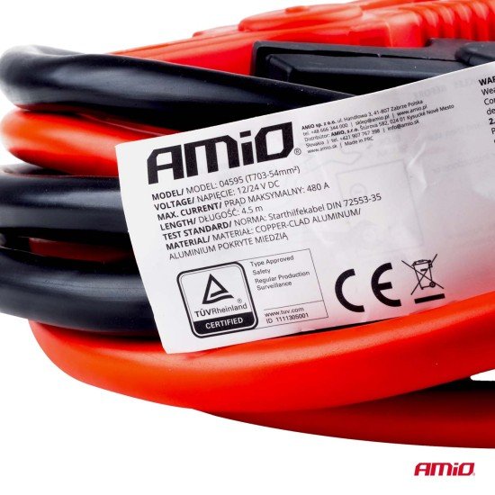 Amio - Καλώδια Φόρτισης Μπαταρίας (Ρευματοδότες) τάση λειτουργίας 12-24V ένταση ρεύματος 480A μήκος 4,5m με πιστοποίηση TUV για Επιβατικά Αυτοκίνητα και Φορτηγά - 1 σετ (04595/AM)-Amio-04595/AM