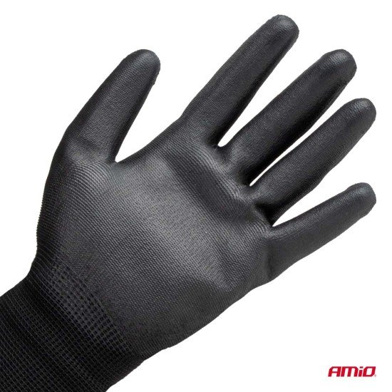 Amio - Γάντια Εργασίας ελαστικά με επικάλυψη πολυουρεθάνης χρώμα μαύρο μέγεθος No.8 - 2 ζευγ. (04631/AM)-Amio-04631/AM
