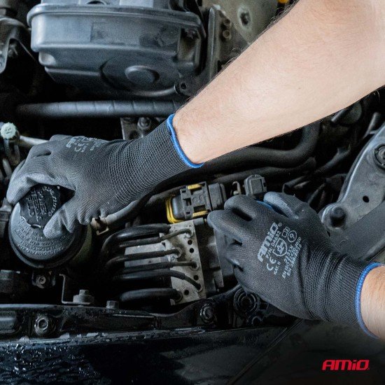 Amio - Γάντια Εργασίας ελαστικά με επικάλυψη πολυουρεθάνης χρώμα μαύρο μέγεθος No.10 - 2 ζευγ. (04633/AM)-Amio-04633/AM