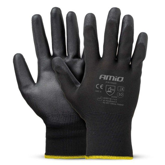 Amio - Γάντια Εργασίας ελαστικά με επικάλυψη πολυουρεθάνης χρώμα μαύρο μέγεθος No.10 - 2 ζευγ. (04633/AM)-Amio-04633/AM