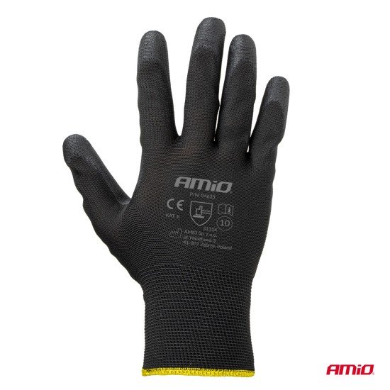Amio - Γάντια Εργασίας ελαστικά με επικάλυψη πολυουρεθάνης χρώμα μαύρο μέγεθος No.10 - 2 ζευγ. (04633/AM)-Amio-04633/AM