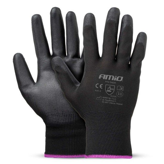 Amio - Γάντια Εργασίας ελαστικά με επικάλυψη πολυουρεθάνης χρώμα μαύρο μέγεθος No.11 - 2 ζευγ. (04634/AM)-Amio-04634/AM