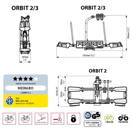 Menabo - Βάση Ποδηλάτου Κοτσαδόρου Orbit 2 για 2 ποδήλατα ή E-bike / Fat Bike Αναδιπλούμενη με Ανάκλιση / Μοχλό Γρήγορης Ασφάλισης / Αντάπτορα 13 pin - 1 τεμ. (14750/MB)-Menabo-14750/MB