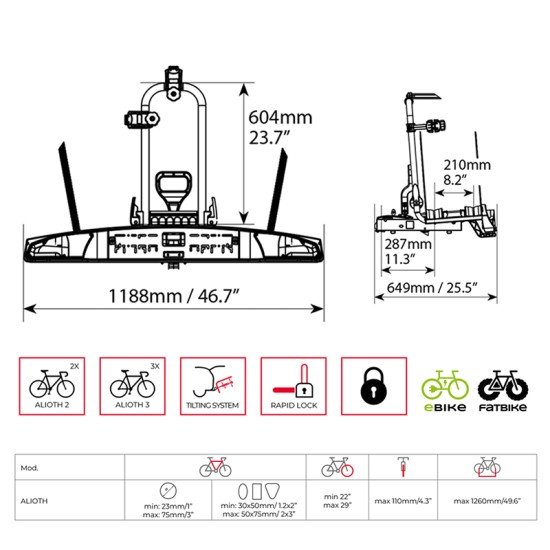 Menabo - Βάση Ποδηλάτου Κοτσαδόρου Alioth 2 για 2 ποδήλατα ή E-bike / Fat Bike με Ανάκλιση / Μοχλό Γρήγορης Ασφάλισης / Αντάπτορα 13 pin - 1 τεμ. (14920/MB)-Menabo-14920/MB