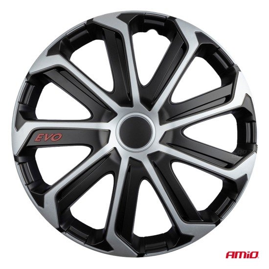Amio - Σετ Τάσια Τροχών 15'' ιντσών, Μοντέλο EVO, Χρώμα Μαύρο / Ασημί – Σετ 4 τεμαχίων σε Κουτί (9757/AM)-Amio-9757/AM