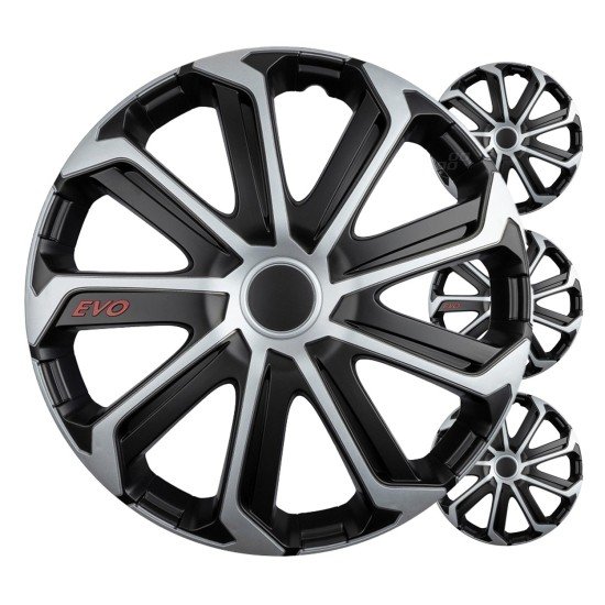 Amio - Σετ Τάσια Τροχών 15'' ιντσών, Μοντέλο EVO, Χρώμα Μαύρο / Ασημί – Σετ 4 τεμαχίων σε Κουτί (9757/AM)-Amio-9757/AM