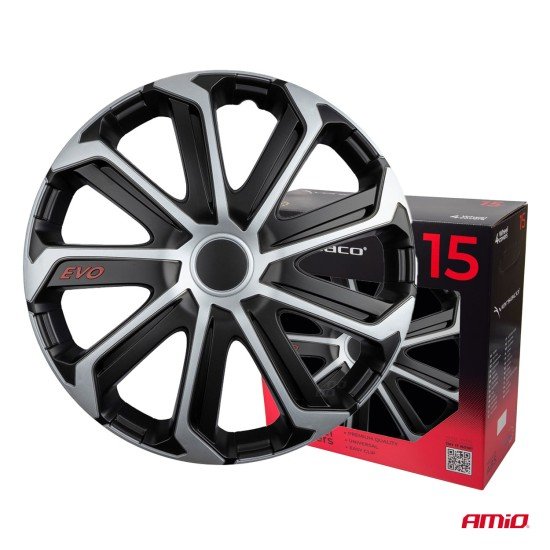 Amio - Σετ Τάσια Τροχών 15'' ιντσών, Μοντέλο EVO, Χρώμα Μαύρο / Ασημί – Σετ 4 τεμαχίων σε Κουτί (9757/AM)-Amio-9757/AM