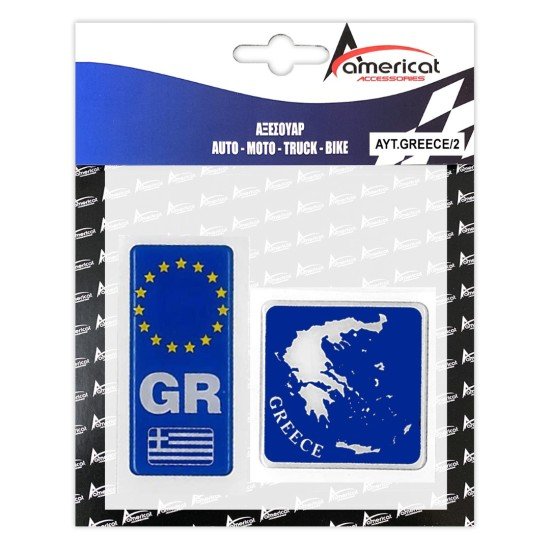 GREECE ΑΥΤΟΚΟΛΛΗΤΟ GR ΚΑΘΕΤΟ 10,4 Χ 4,5 cm ΚΑΙ ΧΑΡΤΗΣ ΕΛΛΑΔΟΣ 8 Χ 8 cm (ΜΠΛΕ) ΜΕ ΕΠΙΚΑΛΥΨΗ ΣΜΑΛΤΟΥ - 2 ΤΕΜ.-Americat-ΑΥΤ.GREECE/2