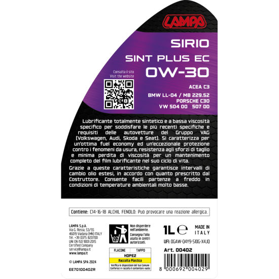 ΛΑΔΙ ΚΙΝΗΤΗΡΑ OW-30 SIRIO SINT PLUS EC ΣΥΝΘΕΤΙΚΟ ACEA C3 ENERGY CONSERVING 1L LAMPA - 1 ΤΕΜ.-Lampa-L0040.2 ΛΑΔΙ ΚΙΝΗΤΗΡΑ OW-30 SIRIO SINT PLUS EC ΣΥΝΘΕΤΙΚΟ ACEA C3 ENERGY CONSERVING 1L LAMPA - 1 ΤΕΜ.-Lampa-L0040.2