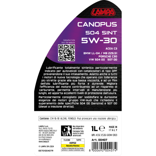 ΛΑΔΙ ΚΙΝΗΤΗΡΑ SW-30 CANOPUS 504 SINT ΣΥΝΘΕΤΙΚΟ TOP PERFORMANCE 1L LAMPA - 1 ΤΕΜ.-Lampa-L0040.7 ΛΑΔΙ ΚΙΝΗΤΗΡΑ SW-30 CANOPUS 504 SINT ΣΥΝΘΕΤΙΚΟ TOP PERFORMANCE 1L LAMPA - 1 ΤΕΜ.-Lampa-L0040.7