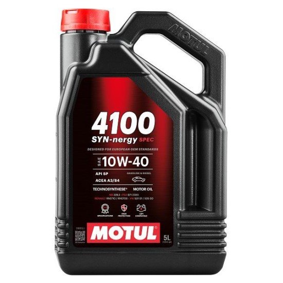 MOTUL 4100, Syn-nergy Spec Λάδι κινητήρα
10W-40, 5l, Συνθετικό λάδι HC (υδρογονοπυρολυμένο) MOTUL 4100, Syn-nergy Spec Λάδι κινητήρα
10W-40, 5l, Συνθετικό λάδι HC (υδρογονοπυρολυμένο)