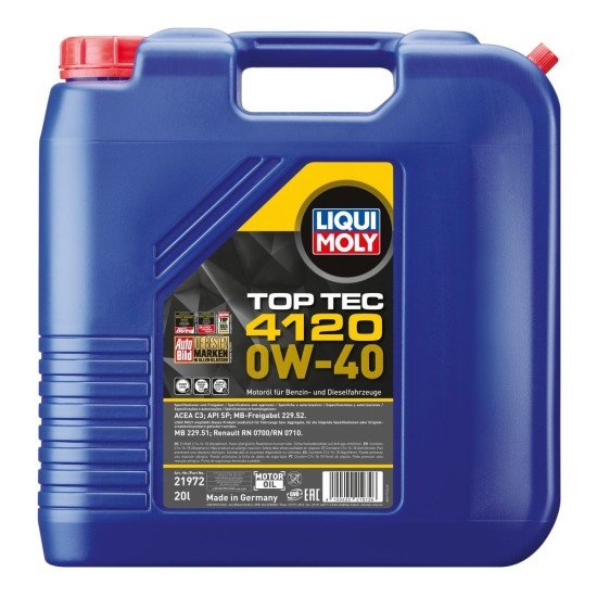 LIQUI MOLY Top Tec, 4120 Λάδι κινητήρα
0W-40, 20l LIQUI MOLY Top Tec, 4120 Λάδι κινητήρα
0W-40, 20l